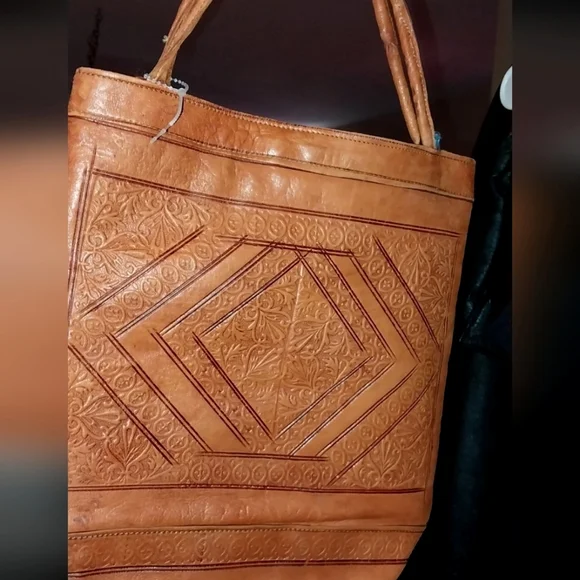 Navajo Western Leather Handbag Tote Hand Tooled 11"x12" - Picture 2 of 4